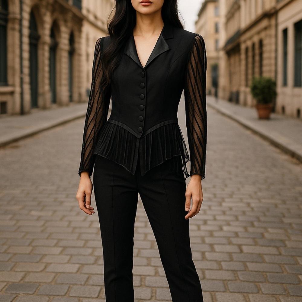 Vintage Alberto Makali Black Sheer Sleeve Blouse Black Tux Suit Jacket Top 6 M - Picture 2 of 8